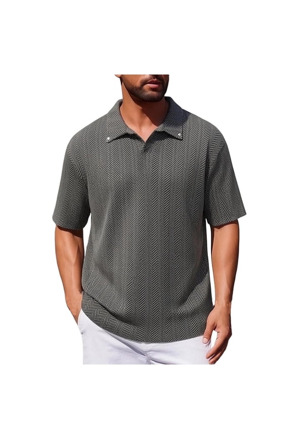 Men's Herringbone Pattern Short Sleeve Button-Down Collar Shirt, Casual Textured Shirt for Daily Use