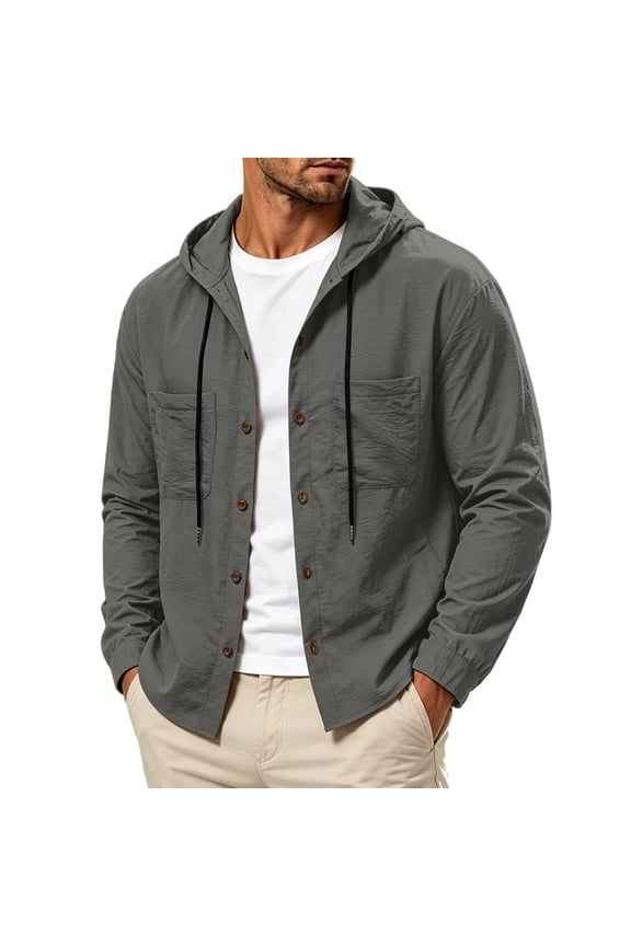Men's Hooded Button Down Long Sleeve Shirt Jacket, Drawstring Hood with Chest Pockets Lightweight Crinkled Casual Shacket