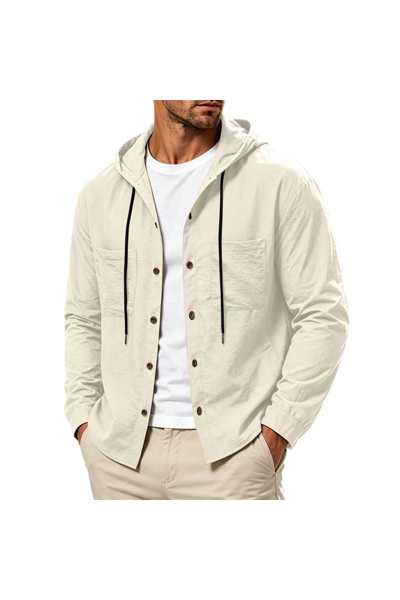 Men's Hooded Button Down Long Sleeve Shirt Jacket, Drawstring Hood with Chest Pockets Lightweight Crinkled Casual Shacket