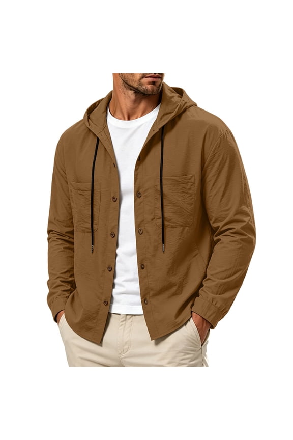 Men's Hooded Button Down Long Sleeve Shirt Jacket, Drawstring Hood with Chest Pockets Lightweight Crinkled Casual Shacket