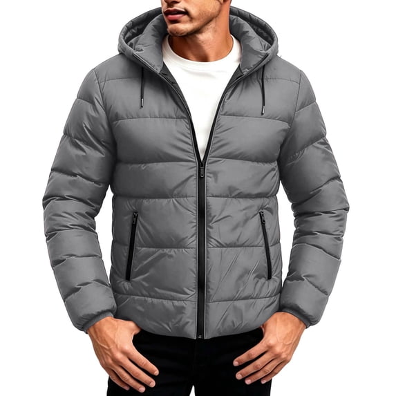 hoksml Men's Hooded Padded Jacket Zip Up Long Sleeve Warm Lightweight Winter Coat for Daily Casual Comfort