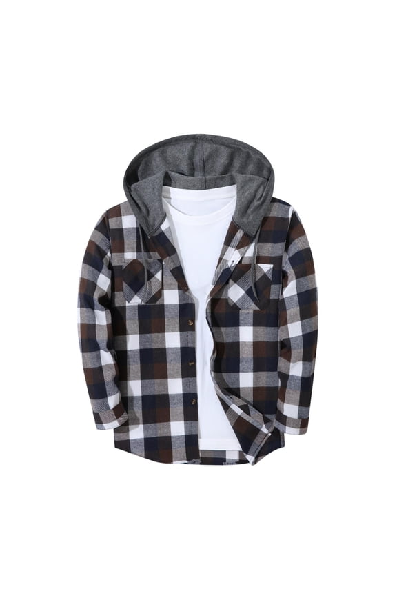 Men's Hooded Plaid Flannel Shirt Long Sleeve Button Up Dual Chest Pocket Casual Shacket Jacket