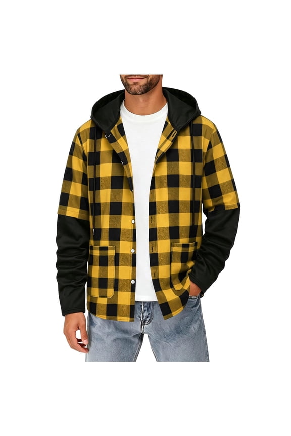Men's Hooded Plaid Shacket, Color Block Button-Down Flannel Overshirt with Pockets