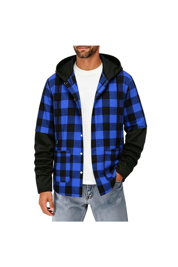 Men's Hooded Plaid Shacket, Color Block Button-Down Flannel Overshirt with Pockets