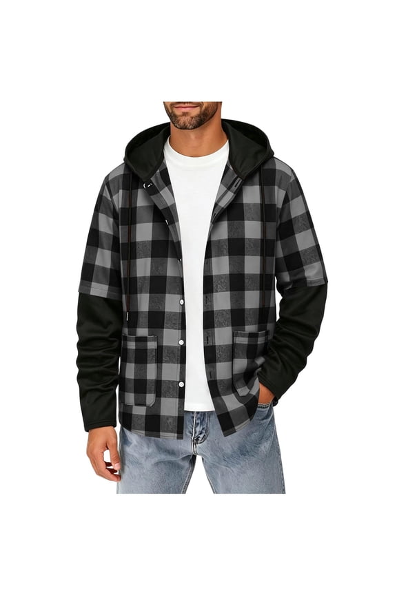 Men's Hooded Plaid Shacket, Color Block Button-Down Flannel Overshirt with Pockets