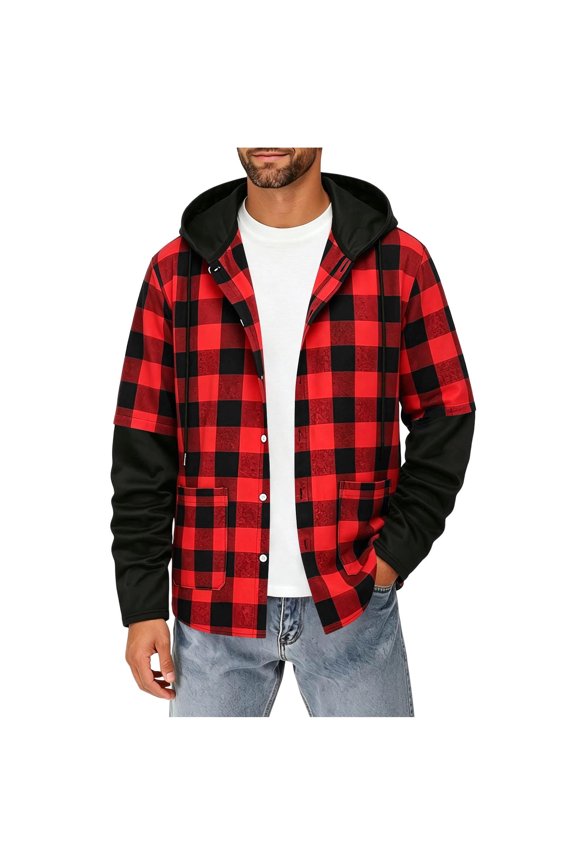 Men's Hooded Plaid Shacket, Color Block Button-Down Flannel Overshirt with Pockets
