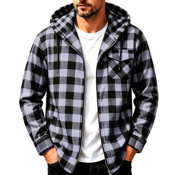 hoksml Men's Hooded Plaid Shirt Jacket Full Zip Up Long Sleeve Hoodie Shacket for Fall Winter Daily Outdoor Work Comfort