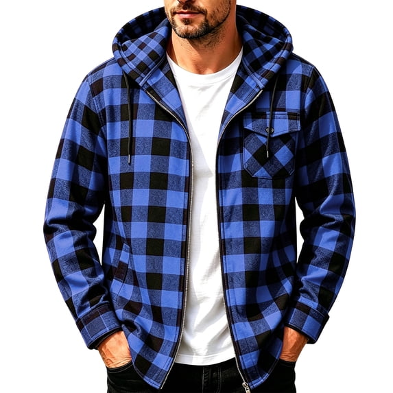 hoksml Men's Hooded Plaid Shirt Jacket Full Zip Up Long Sleeve Hoodie Shacket for Fall Winter Daily Outdoor Work Comfort
