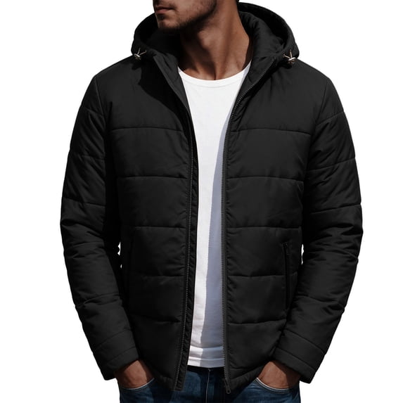 hoksml Men's Hooded Puffer Quilted Jacket Zip Up Lightweight Warm Winter Outerwear with Side Pockets