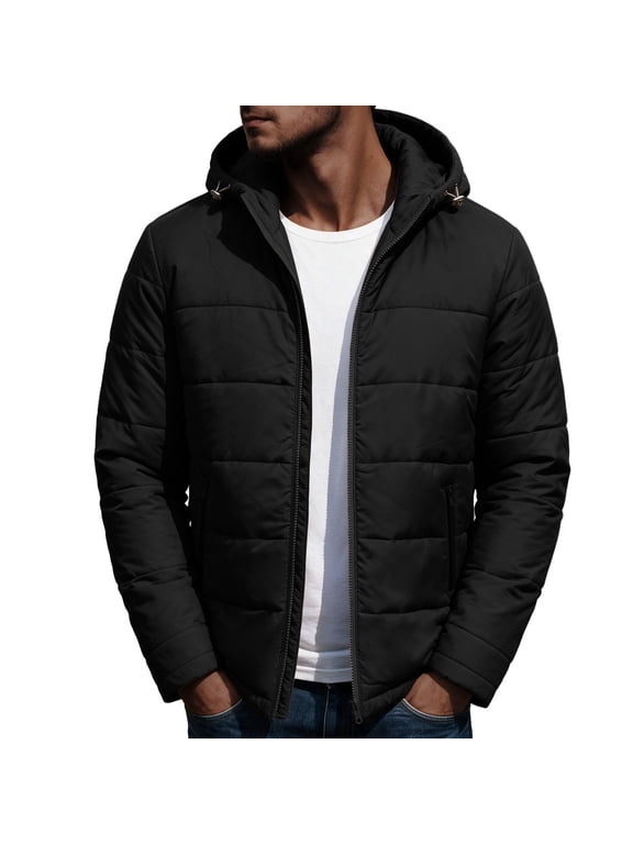 Men's Hooded Puffer Quilted Jacket Zip Up Lightweight Warm Winter Outerwear with Side Pockets
