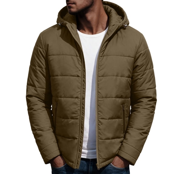 hoksml Men's Hooded Puffer Quilted Jacket Zip Up Lightweight Warm Winter Outerwear with Side Pockets