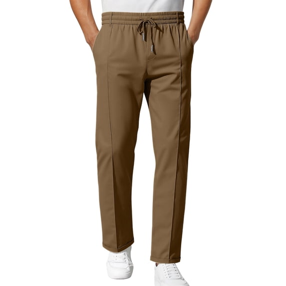 hoksml Men's Khaki Pants with Pockets Solid Color Elastic Waist Drawstring Straight Leg Casual Pants