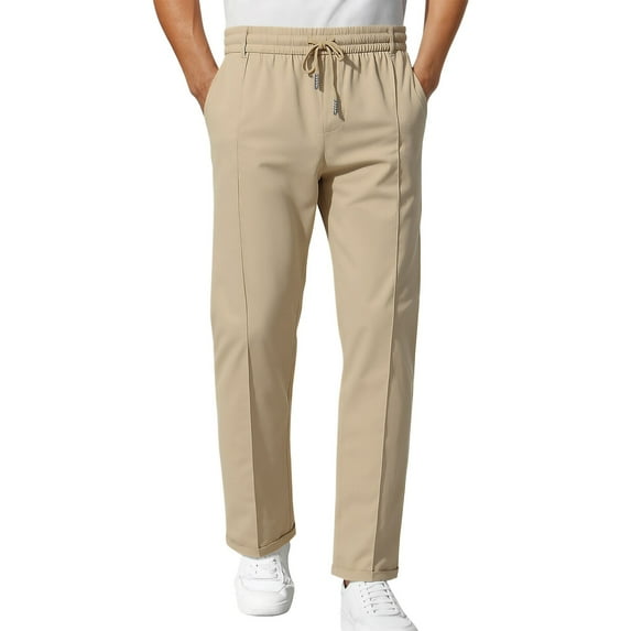 hoksml Men's Khaki Pants with Pockets Solid Color Elastic Waist Drawstring Straight Leg Casual Pants