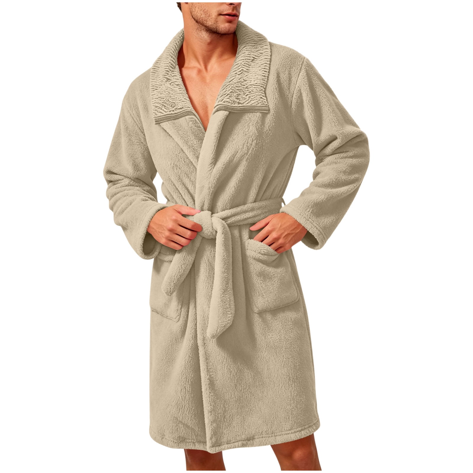 hoksml Men's Lapel Collar Fleece Bath Robe, Long Sleeve Wrap Gown with ...