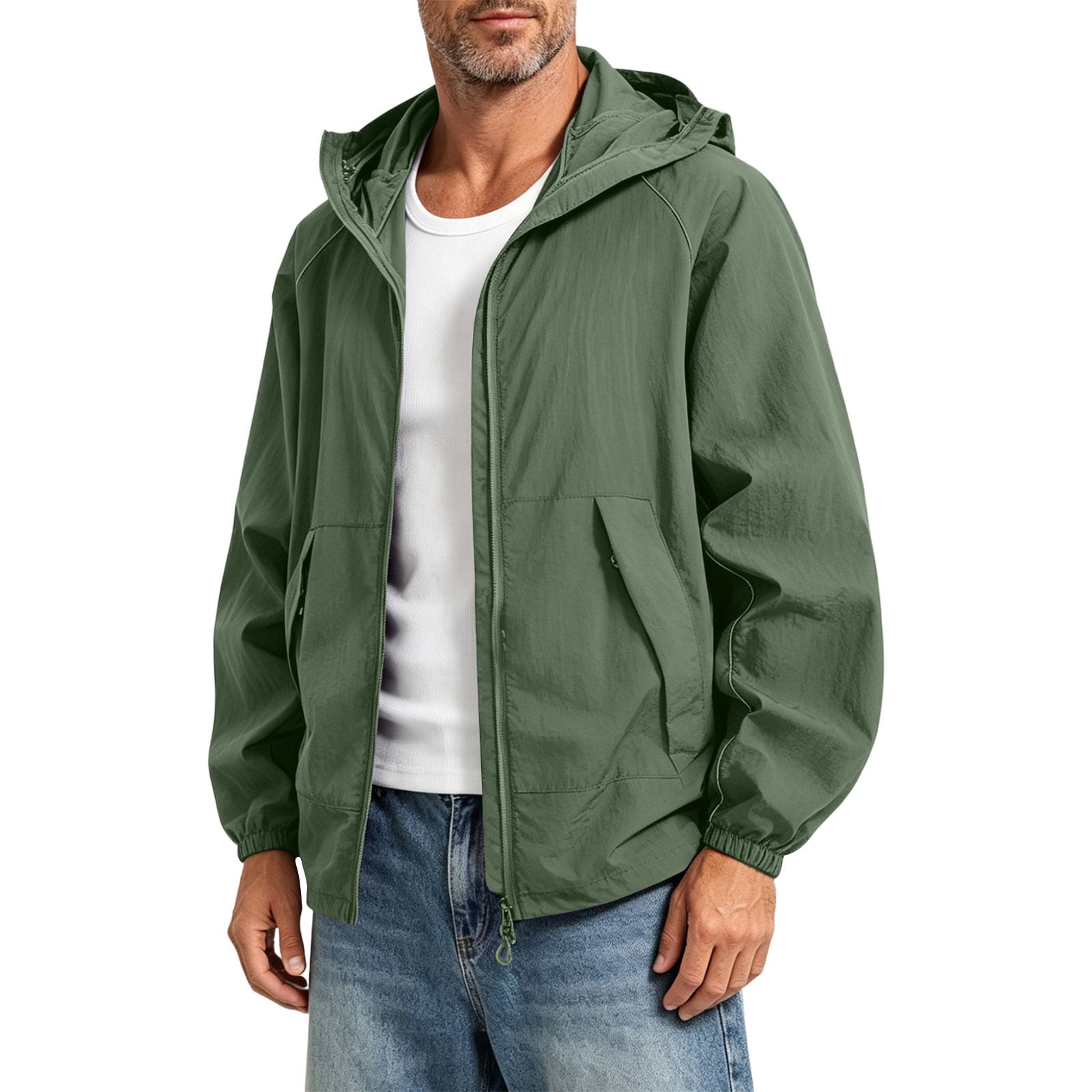 hoksml Men's Lightweight Nylon Windbreaker Jacket, Full Zip Hooded
