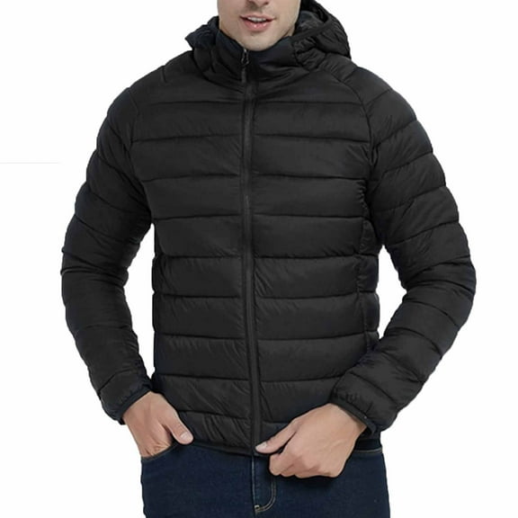 hoksml Men's Lightweight Short Puffer Jacket with Packable Bag Thin Casual Hooded Down Coat for Winter Solid Color Zipper Hoodie