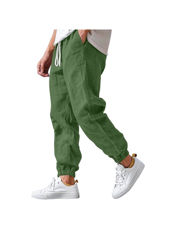 Men's Linen Blend Jogger Pants, Elastic Drawstring Waist Ankle Cuffed Lightweight Breathable Summer Casual Outdoor Tapered Trousers