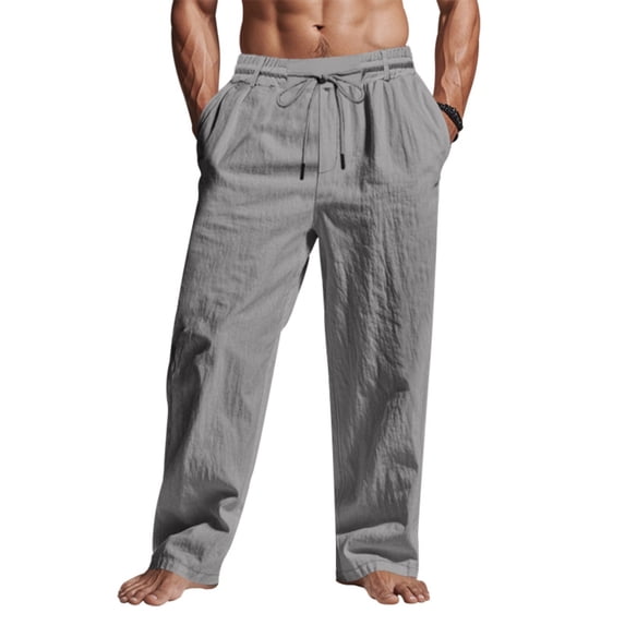 hoksml Men's Linen-Like Casual Pants Lightweight Straight Leg Drawstring Trousers Breathable Relaxed Fit