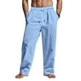 thumbnail image 1 of hoksml Men's Linen-Like Casual Pants Lightweight Straight Leg Drawstring Trousers Breathable Relaxed Fit, 1 of 9