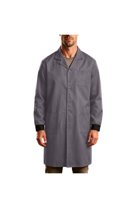 Men's Long Lab Coat Notch Collar Button Front Rib Cuff Multi Pocket Work Uniform for Workshop Daily