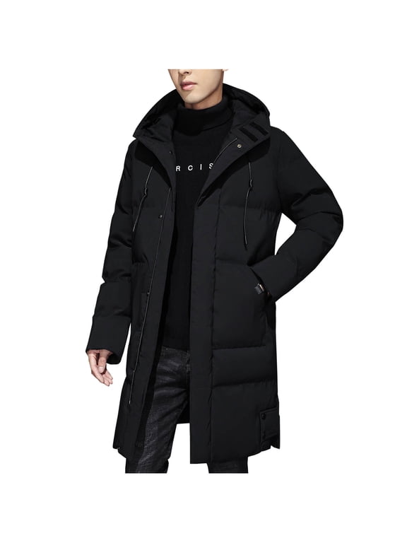 Men's Long Winter Coat with Hood Heavyweight Puffer Jacket with Drawstring and Pockets