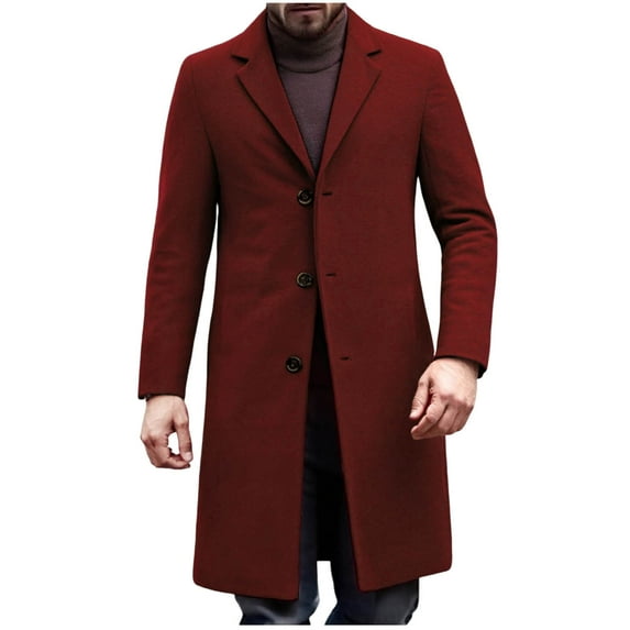 hoksml Men's Long Wool Overcoat Solid Color Formal Casual Notch Lapel Button Front Long Sleeve Trench Coat with Pockets