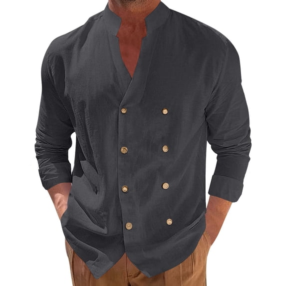 hoksml Men's Mandarin Collar Double Breasted Long Sleeve Linen Blend Shirt Breathable Loose Fit Casual Beach Button Down Shirt
