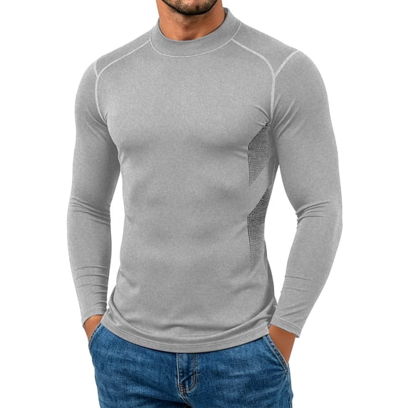hoksml Men's Mock Neck Compression Long Sleeve Shirt, Side Sport Dot Print Panel Slim Cut Quick Dry Athletic Base Layer in Solid Colors