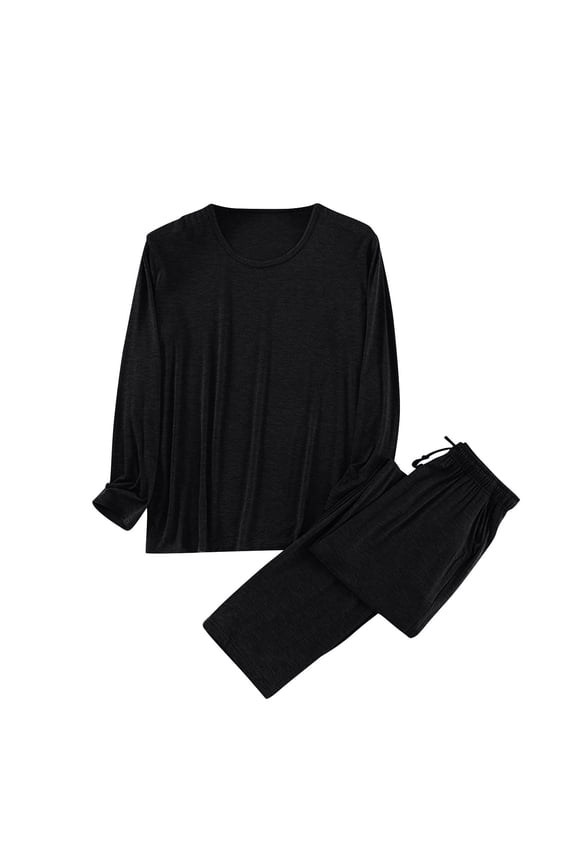 Men's Modal Jersey Pajama Set Ultra Soft Solid Color Crewneck Long Sleeve Top and Elastic Waistband Pants Comfortable Sleepwear Loungewear Set
