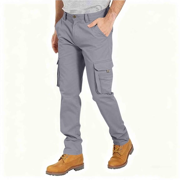 hoksml Men's Multi-Pocket Cargo Pants Solid Color Straight Leg for Hiking Casual, Button and Zipper Fly Trousers
