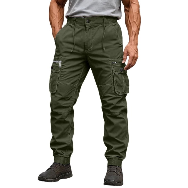 hoksml Men's Outdoor Hiking Cargo Joggers Solid Color Work Pants with Button Detail and Multiple Pockets Elastic Ankle Cuff
