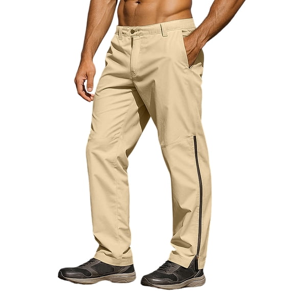 hoksml Men's Outdoor Hiking Cargo Pants with Side Zipper Solid Color Fishing Trousers with Elastic Button Waist for Trekking and Travel