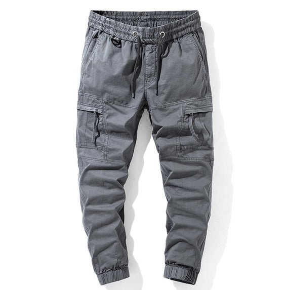 hoksml Men's Outdoor Hiking Tactical Pants Solid Color Zipper Pockets Elastic Waist Drawstring Full Length Cargo Pants Casual Military Work Pants