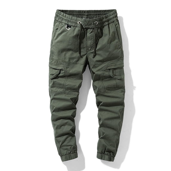 hoksml Men's Outdoor Hiking Tactical Pants Solid Color Zipper Pockets Elastic Waist Drawstring Full Length Cargo Pants Casual Military Work Pants