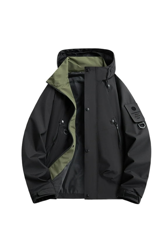 Men's Outdoor Windproof Waterproof Jacket Long Sleeved Hooded Workwear Anorak Zip-Up Snap Casual Coat for Hiking Camping S-4XL