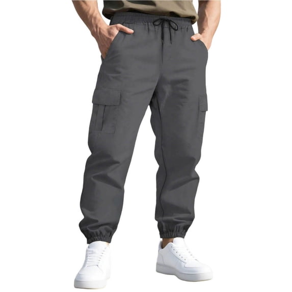hoksml Men's Pants Casual Cargo Joggers Relaxed Fit Straight Leg Outdoor Work Pants with Drawstring Elastic Waistband and Multiple Pockets