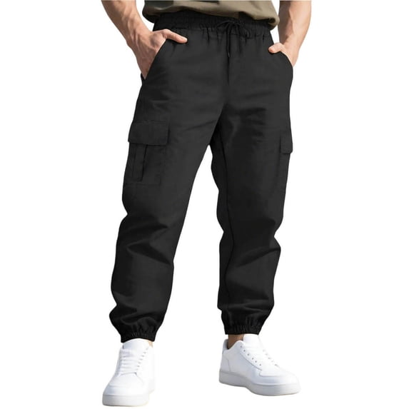 hoksml Men's Pants Casual Cargo Joggers Relaxed Fit Straight Leg Outdoor Work Pants with Drawstring Elastic Waistband and Multiple Pockets