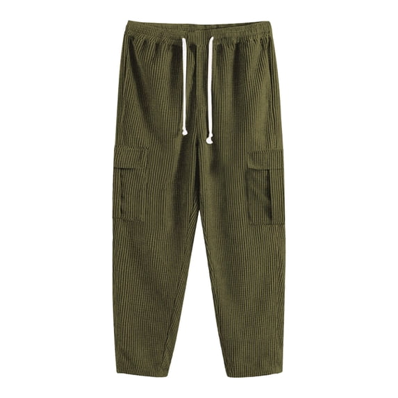 hoksml Men's Pants Casual Corduroy Cargo Pants Solid Color Drawstring Waist and Multiple Pockets Retro Utility Pants