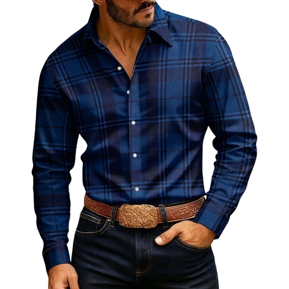 hoksml Men's Plaid Long Sleeve Button Down Shirt Point Collar Stretch Lightweight Casual Everyday Top