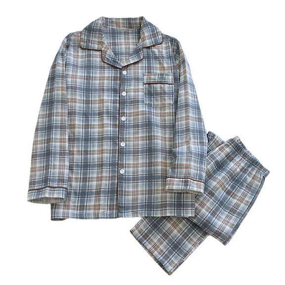 hoksml Men's Plaid Pajama Set Long Sleeve Button-Down Shirt and Pants Two-piece Fall Winter Cotton Warm Sleepwear Loungewear