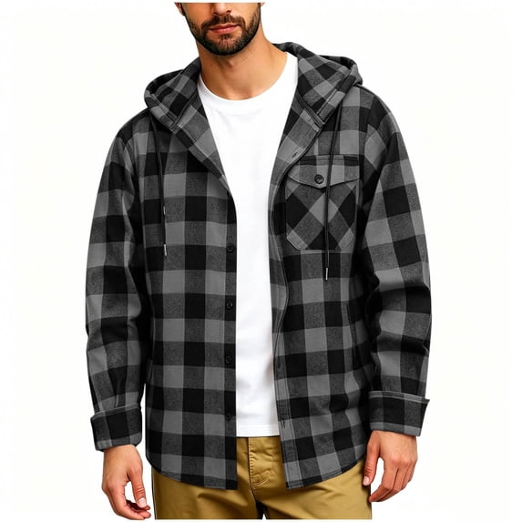 hoksml Men's Plaid Shirt Jacket - Button Front Flannel Overshirt with Chest Pocket, Soft Lightweight Casual Top for Spring Fall