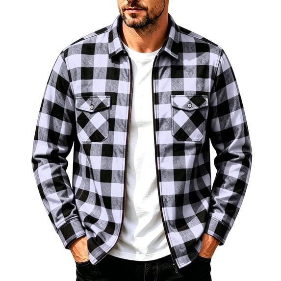 hoksml Men's Plaid Shirt Jacket Full Zip Up Point Collar Long Sleeve Shacket for Fall Winter Daily Casual Work Comfort