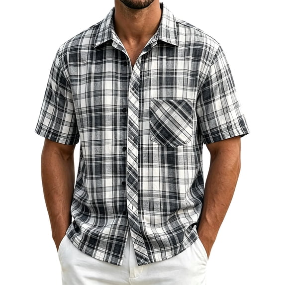 hoksml Men's Plaid Short Sleeve Button Down Shirts, Regular Fit Breathable Casual Shirt with Chest Pocket for Beach Daily Vacation