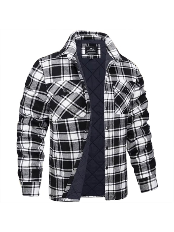 Men's Plaid Snap Jacket Quilted Lined Flannel Shacket with Turn-Down Collar and Pockets Casual Fall Winter Coat
