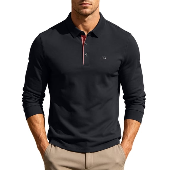 hoksml Men's Polyester Fabric Long Sleeve Collared Shirt, 3 Button Placket Small Chest Embroidery Solid Casual Daily Golf Top