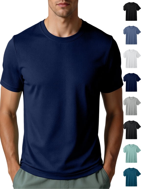 Men's Polyester Fabric Mesh Quick Dry Short Sleeve Crew Neck T-Shirt, Solid Breathable Athletic Workout Running Daily Top