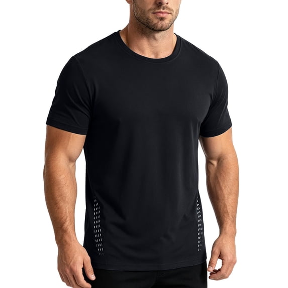 hoksml Men's Polyester Fabric Mesh Side Panel Quick Dry Short Sleeve Crew Neck T-Shirt, Breathable Athletic Workout Running Casual Top