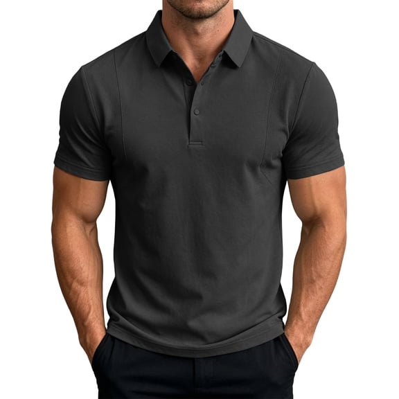 hoksml Men's Polyester Fabric Short Sleeve Collared Shirt, Snap Button Placket Side Seam Detail Slim Fit Solid Casual Golf Daily Top