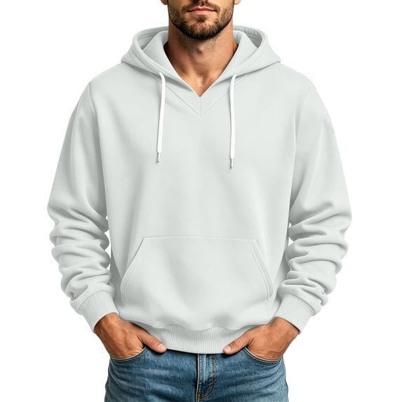 hoksml Men's Pullover Hoodie Solid V Neck Drawstring Hooded Sweatshirt for Fall Winter Daily Work Outdoor Comfort
