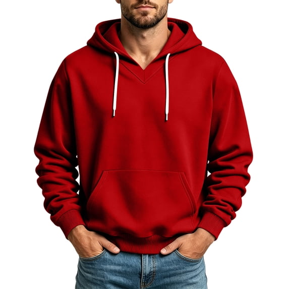 hoksml Men's Pullover Hoodie Solid V Neck Drawstring Hooded Sweatshirt for Fall Winter Daily Work Outdoor Comfort
